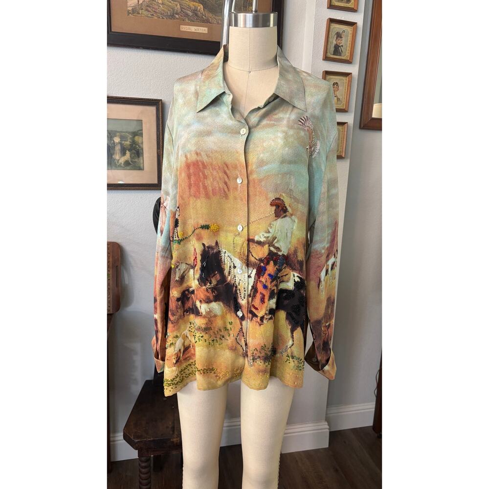Vintage Y2k 90s Nicole Taylor silk blouse western cowboy scene beaded details XL